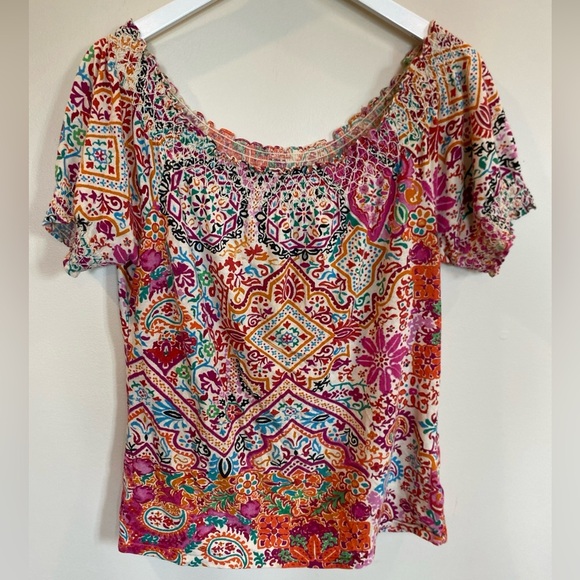 Lauren RALPH LAUREN Smocked Lightweight Colorful Moroccan Print Top Small - Picture 1 of 5